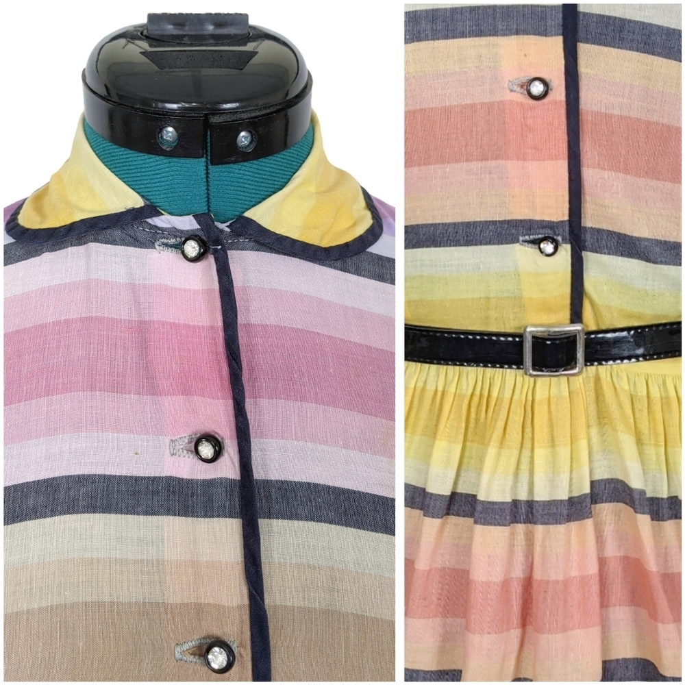 1950s Rainbow Dress 50s Vintage Fit N Flare Summer Tea Retro XS Rhinestone RARE - Picture 6 of 11